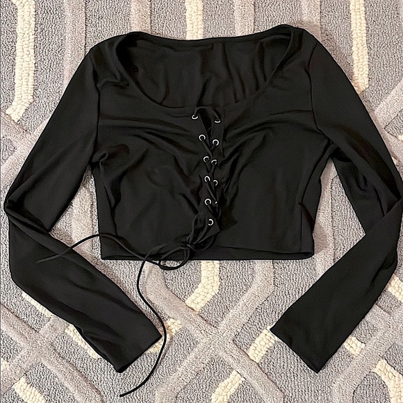 Black Lace-Up Long Sleeve Top - Picture 1 of 9